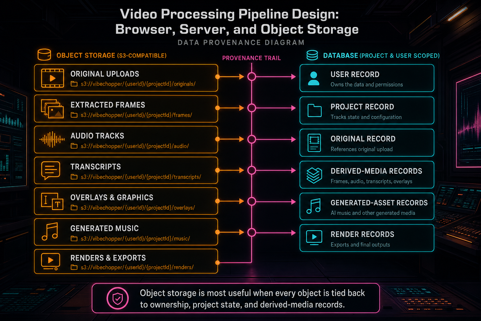 Data provenance diagram linking original uploads, derived frames, audio, transcripts, generated assets, and render artifacts to stable object storage paths.