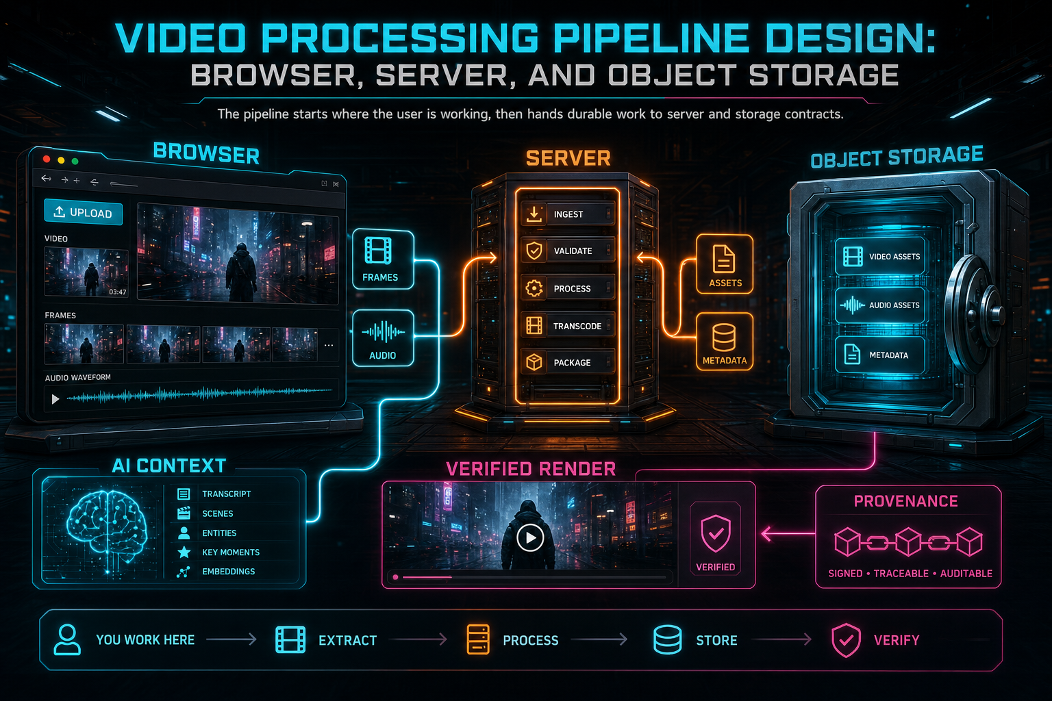 A VibeChopper video processing pipeline flowing from browser upload through server processing into object storage.